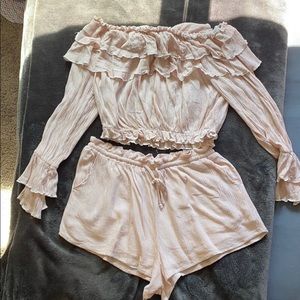 Olivaceous off the shoulder crop top short set